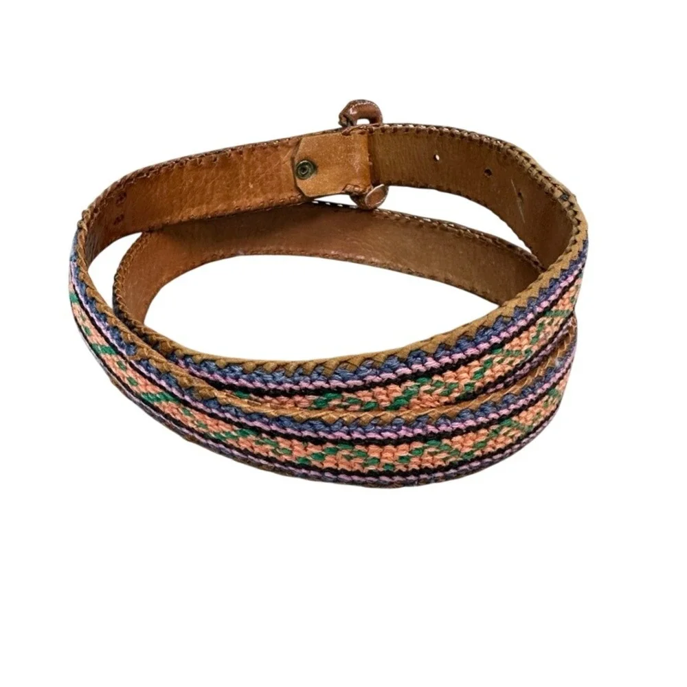 Vintage Southwestern Woven Leather Belt Size 38 Brown Multicolor Guatemala Boho